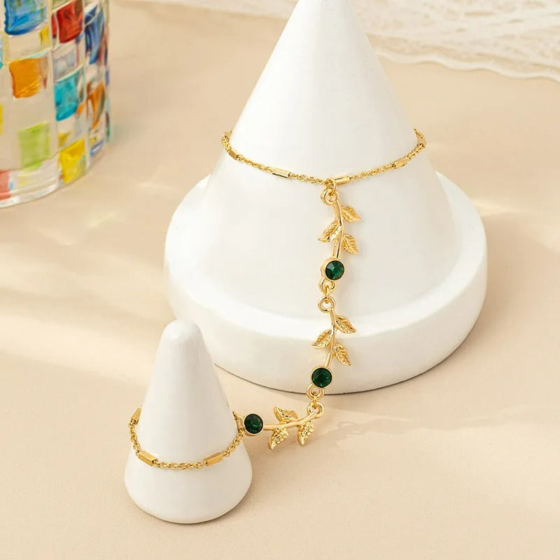 Bracelet Chaine Bague Lierre Doré Strass Émeraude