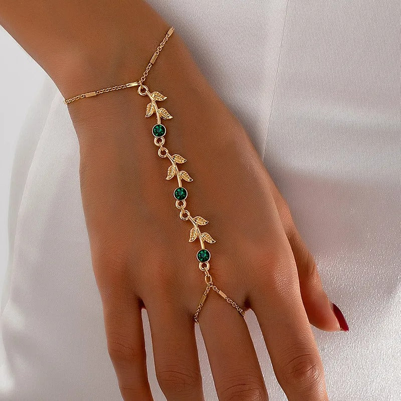 Bracelet Chaine Bague Lierre Doré Strass Émeraude