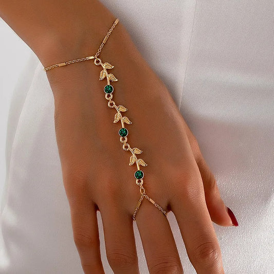 Bracelet Chaine Bague Lierre Doré Strass Émeraude