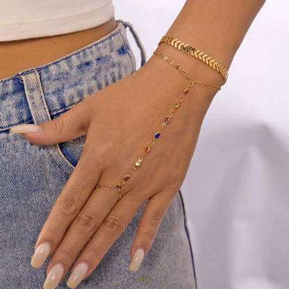 Bracelet Chaine Bague Multicolore Doré Femme