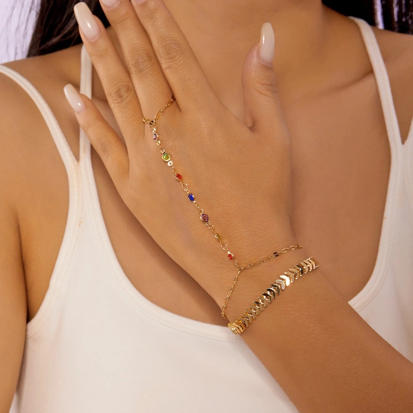 Bracelet Chaine Bague Multicolore Doré Femme