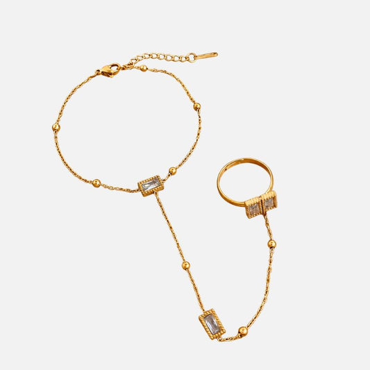 Bracelet Chaine Bague Pierres Rectangulaires - Acier Inoxydable