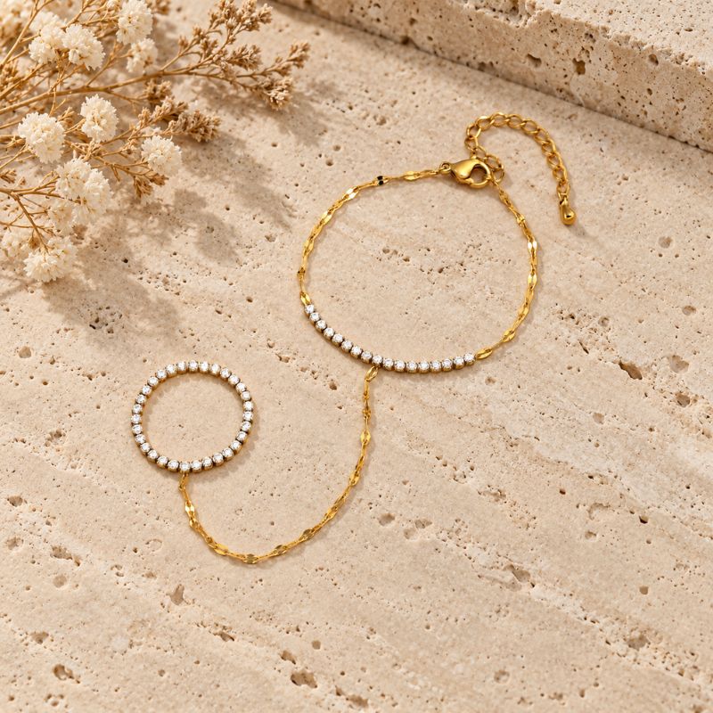 Bracelet Chaine Bague Zircons Et Anneau Serti - Acier Inoxydable