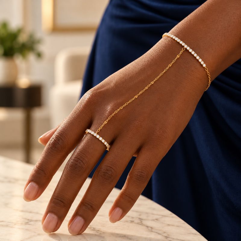 Bracelet Chaine Bague Zircons Et Anneau Serti - Acier Inoxydable