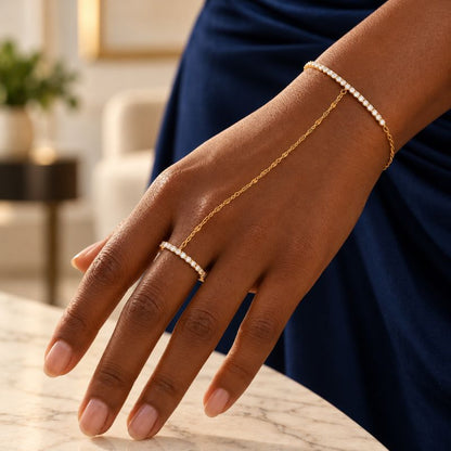 Bracelet Chaine Bague Zircons Et Anneau Serti - Acier Inoxydable