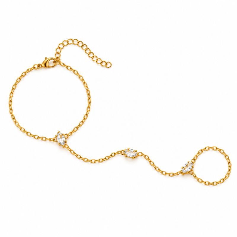 Bracelet Chaine Bague Zircons Navette Doré