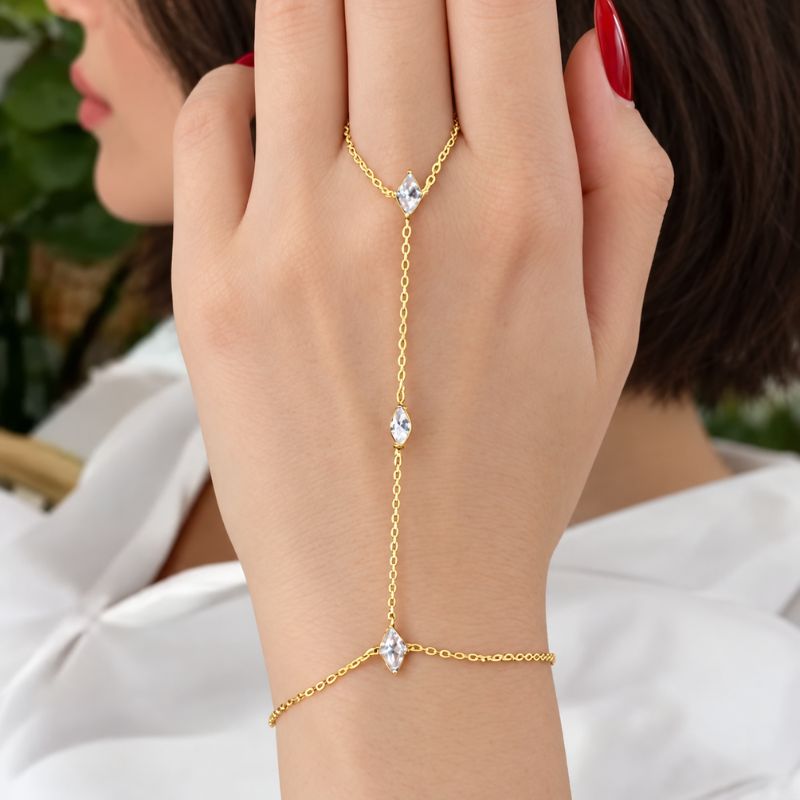 Bracelet Chaine Bague Zircons Navette Doré