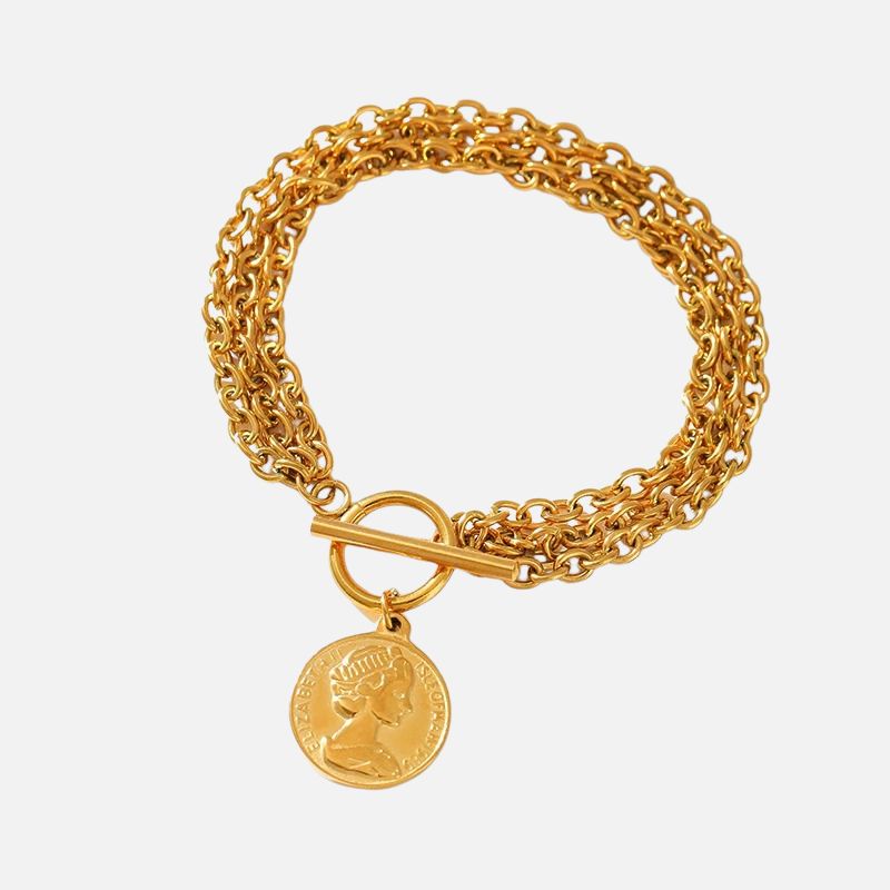 Bracelet Chaine Femme Acier Inoxydable Médaille Dorée