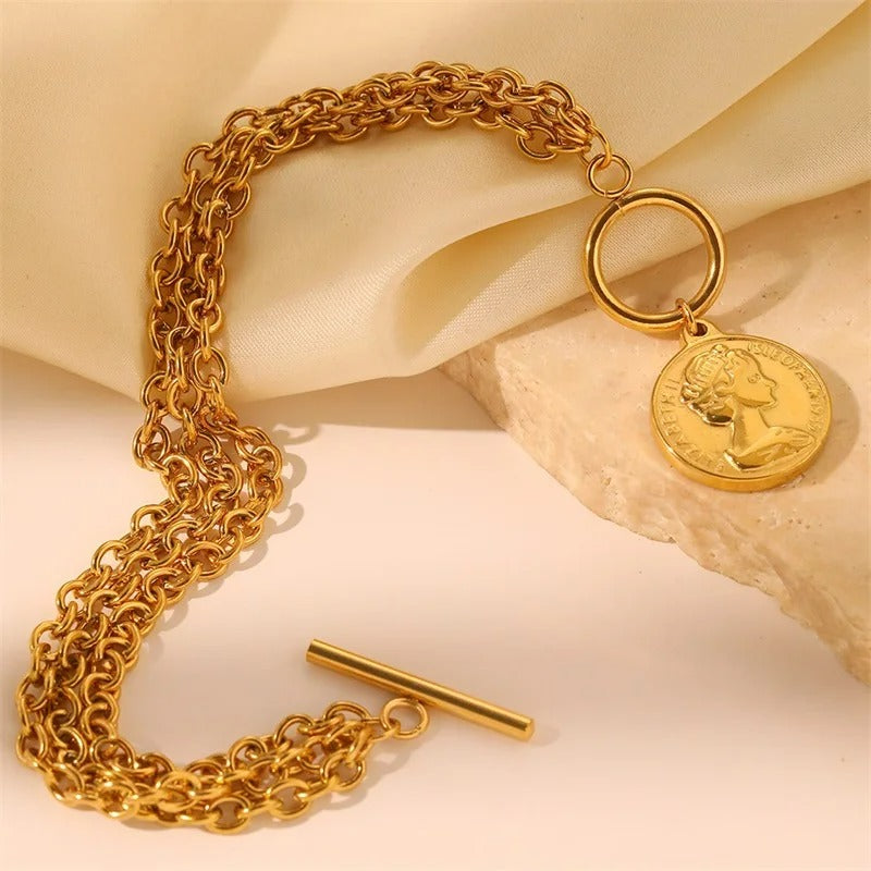 Bracelet Chaine Femme Acier Inoxydable Médaille Dorée