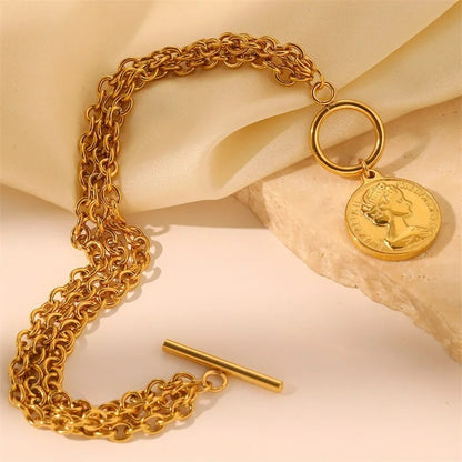 Bracelet Chaine Femme Acier Inoxydable Médaille Dorée