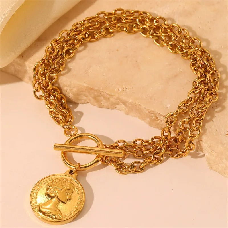 Bracelet Chaine Femme Acier Inoxydable Médaille Dorée
