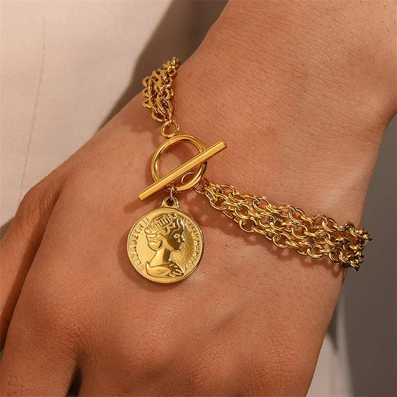 Bracelet Chaine Femme Acier Inoxydable Médaille Dorée
