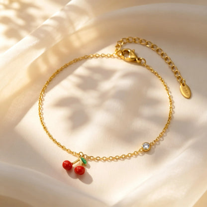 Bracelet Cheville Femme Cerise Rouge - Acier Inoxydable