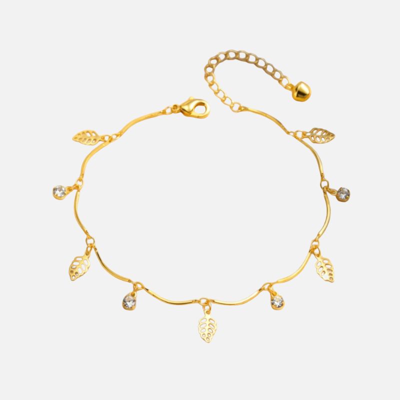Bracelet Cheville Femme Feuilles Et Strass - Acier Inoxydable
