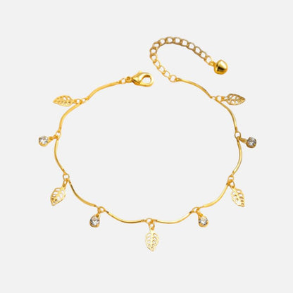Bracelet Cheville Femme Feuilles Et Strass - Acier Inoxydable