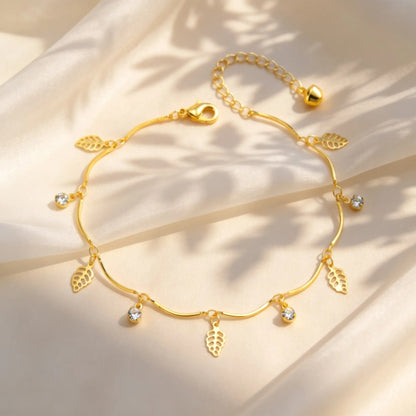 Bracelet Cheville Femme Feuilles Et Strass - Acier Inoxydable