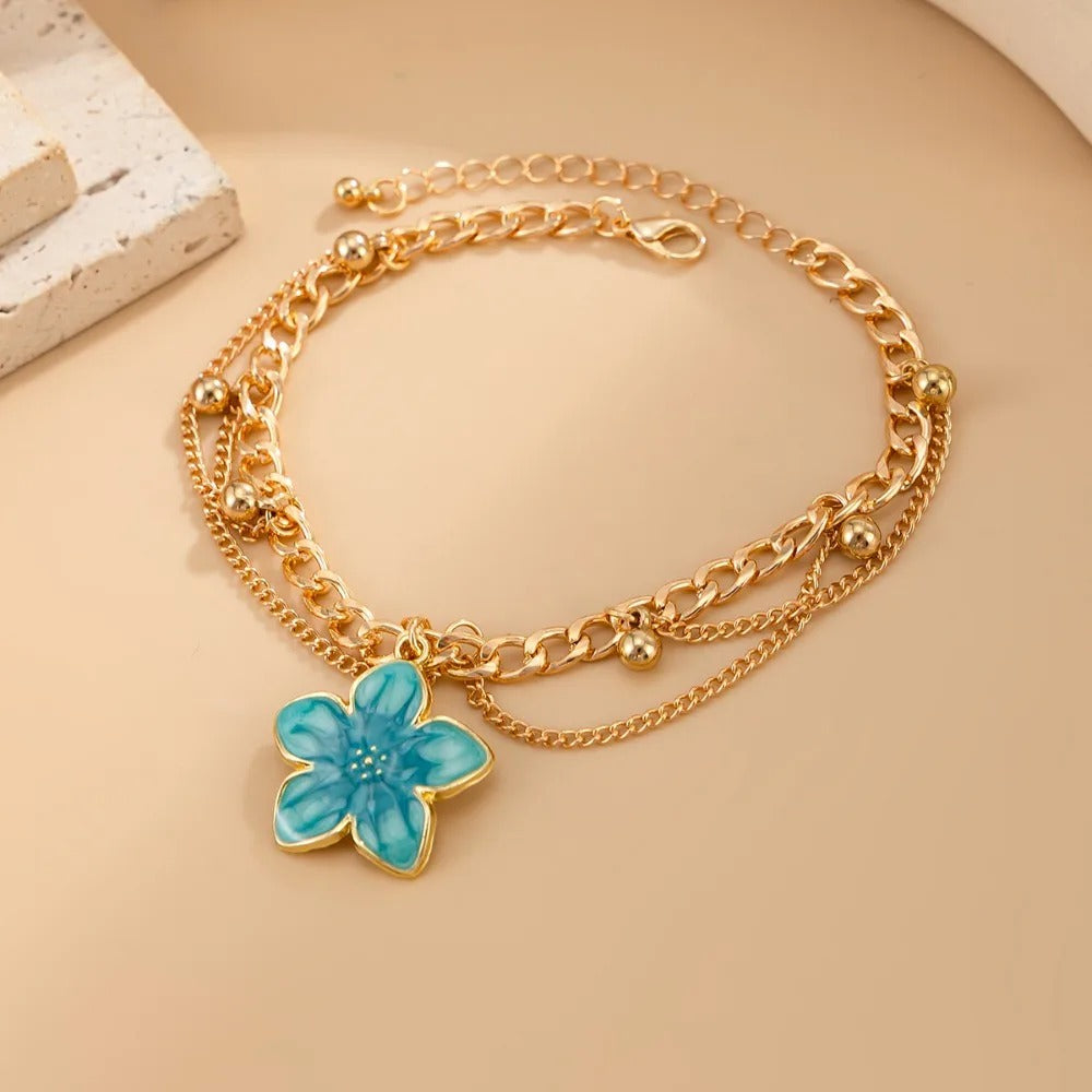 Bracelet Cheville Femme Fleur Émaillée Dorée