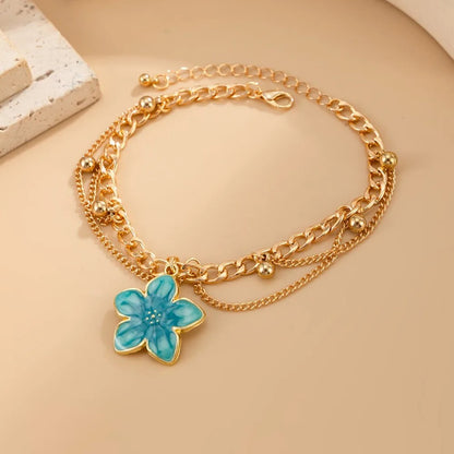 Bracelet Cheville Femme Fleur Émaillée Dorée