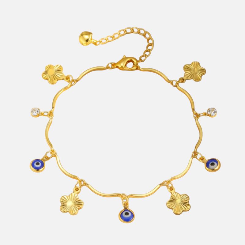 Bracelet Cheville Femme Fleurs Et Œil Protecteur - Acier Inoxydable