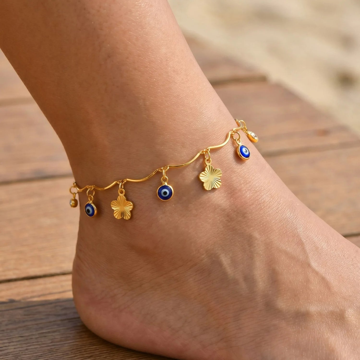 Bracelet Cheville Femme Fleurs Et Œil Protecteur - Acier Inoxydable
