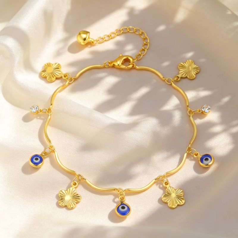 Bracelet Cheville Femme Fleurs Et Œil Protecteur - Acier Inoxydable