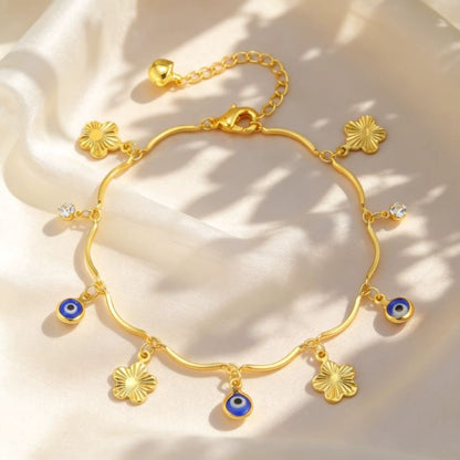 Bracelet Cheville Femme Fleurs Et Œil Protecteur - Acier Inoxydable