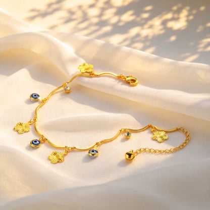 Bracelet Cheville Femme Fleurs Et Œil Protecteur - Acier Inoxydable