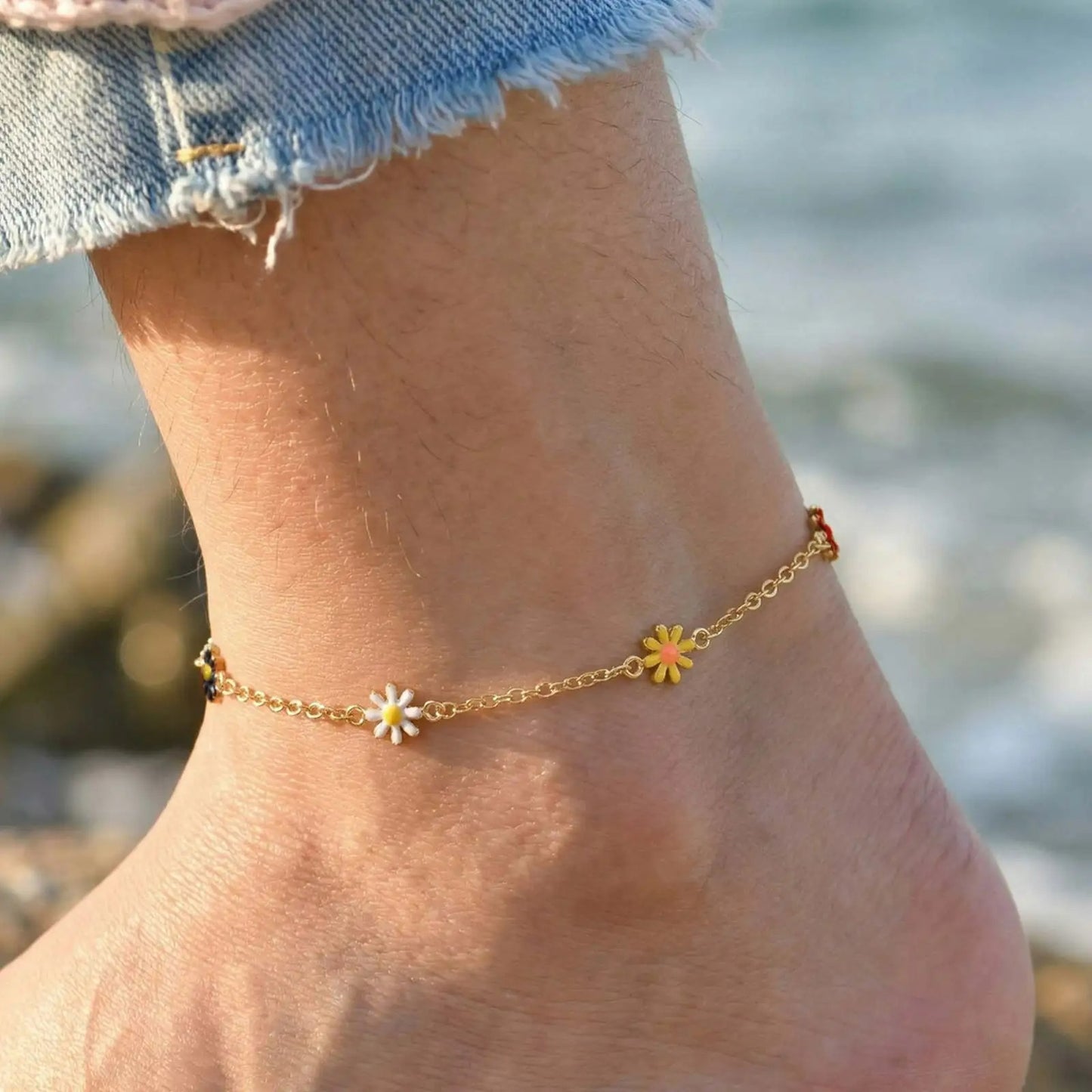 Bracelet Cheville Femme Marguerites Acier Inoxydable