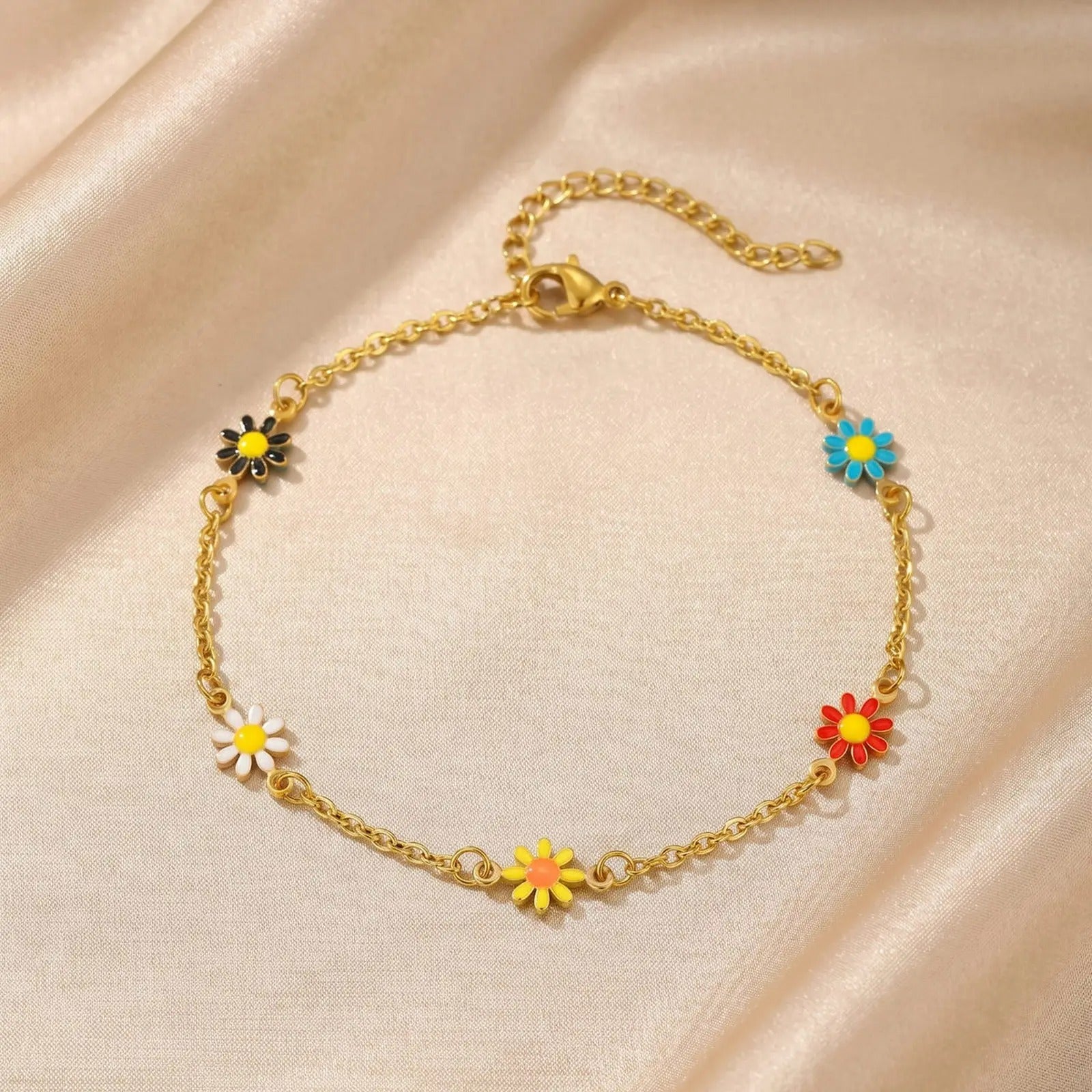 Bracelet Cheville Femme Marguerites Acier Inoxydable