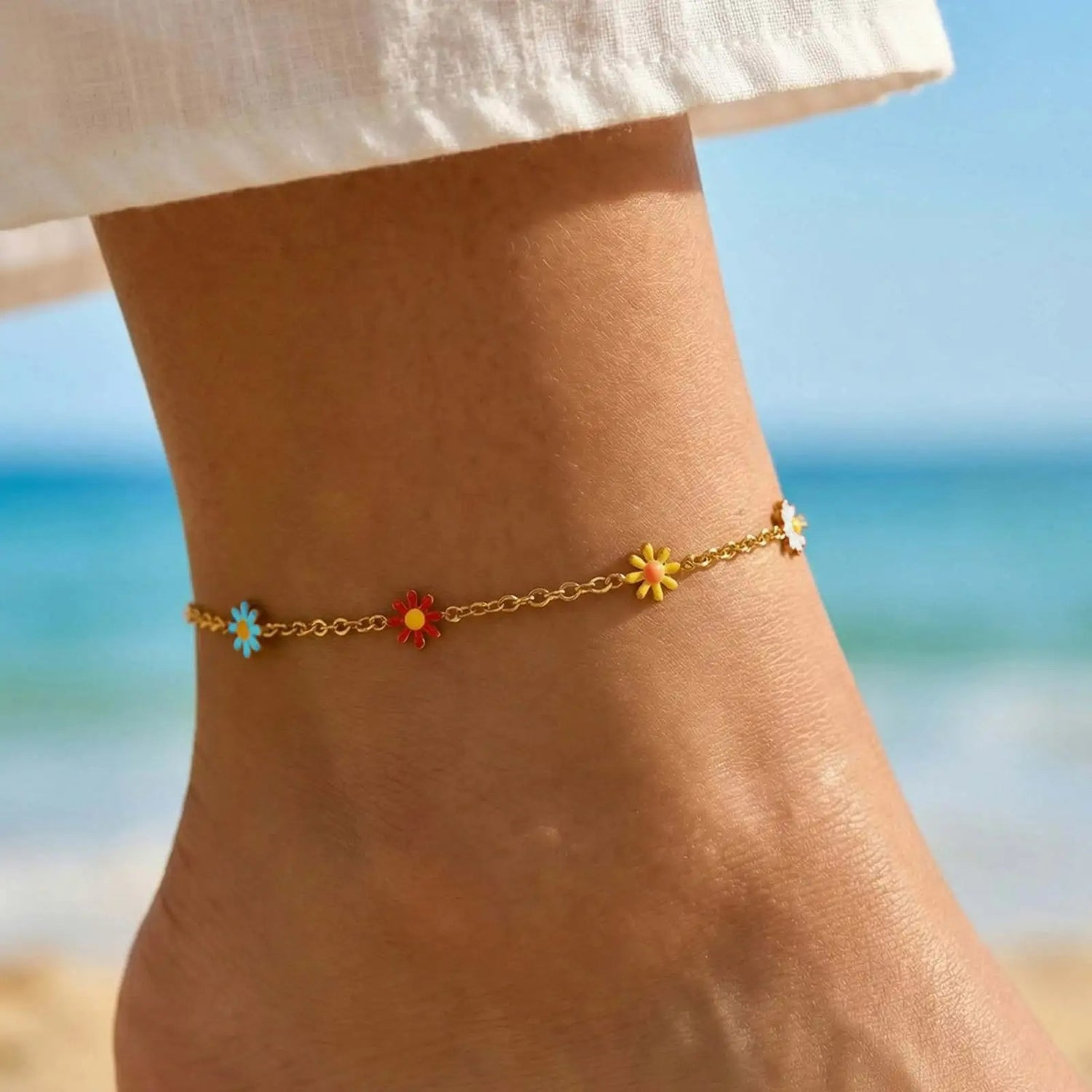 Bracelet Cheville Femme Marguerites Acier Inoxydable
