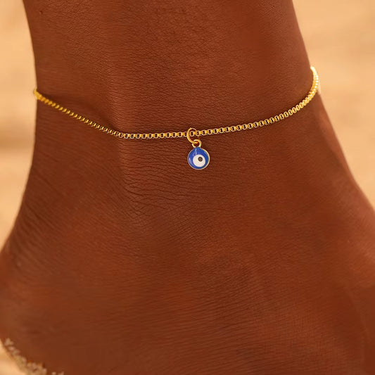Bracelet Cheville Femme Oeil Bleu en Acier Inoxydable