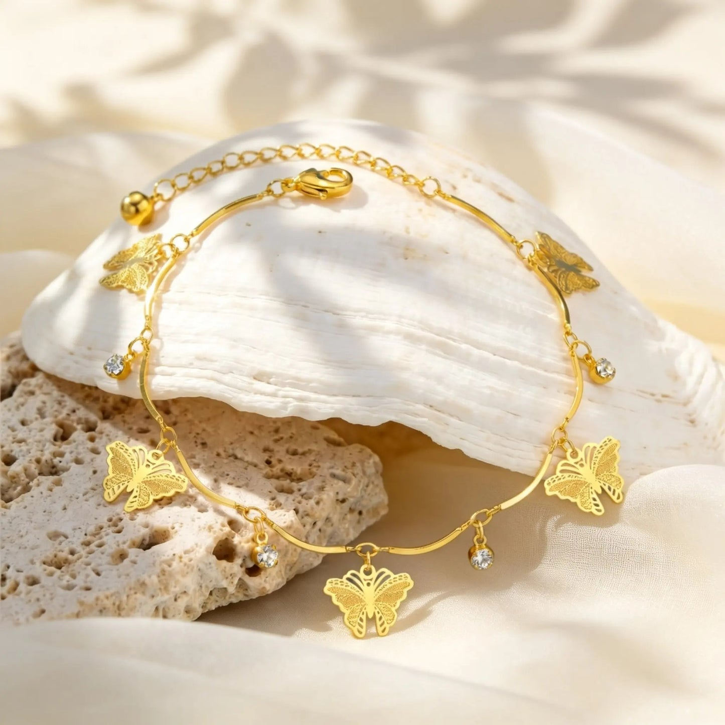 Bracelet Cheville Femme Papillons Dorés Ajourés - Acier Inoxydable