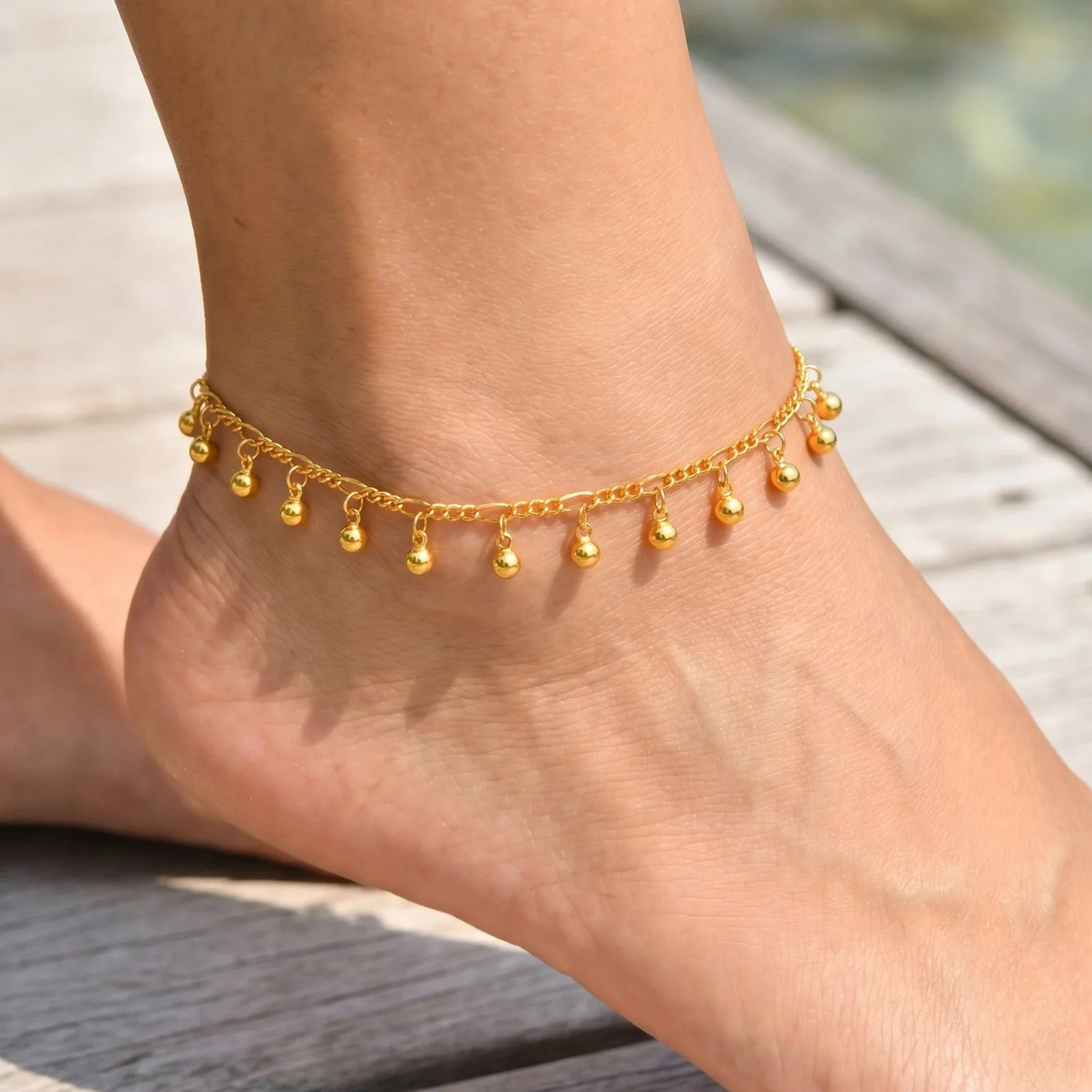 Bracelet Cheville Femme Petites Billes Dorées -Acier Inoxydable