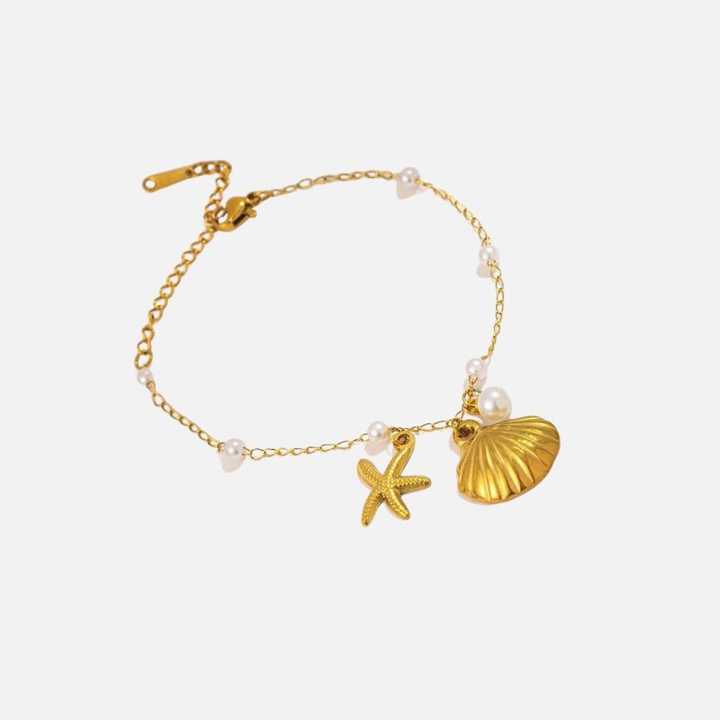 Bracelet Coquillage Femme Chaîne Fine Perle Étoile De Mer - Acier Inoxydable