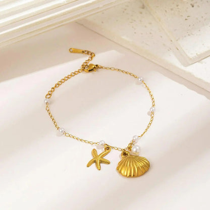 Bracelet Coquillage Femme Chaîne Fine Perle Étoile De Mer - Acier Inoxydable