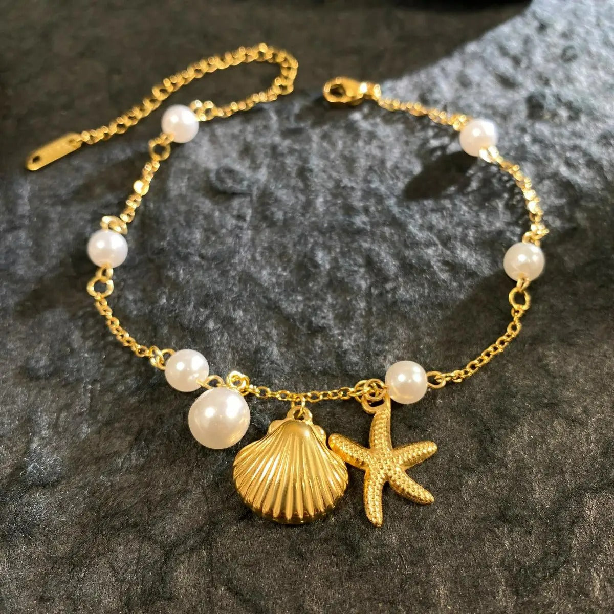 Bracelet Coquillage Femme Chaîne Fine Perle Étoile De Mer - Acier Inoxydable