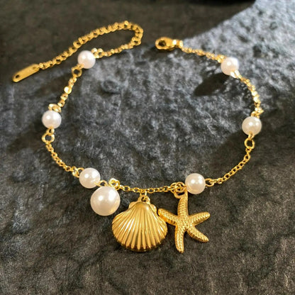 Bracelet Coquillage Femme Chaîne Fine Perle Étoile De Mer - Acier Inoxydable