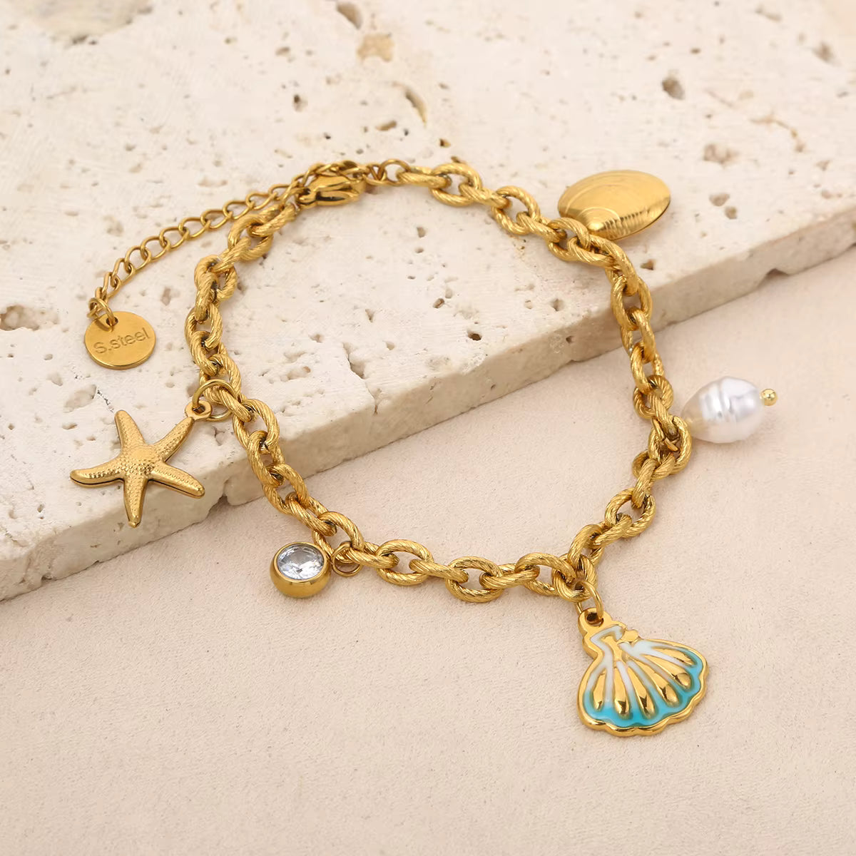 Bracelet Coquillage Femme Émail Turquoise Perle Blanche - Acier Inoxydable