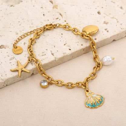 Bracelet Coquillage Femme Émail Turquoise Perle Blanche - Acier Inoxydable
