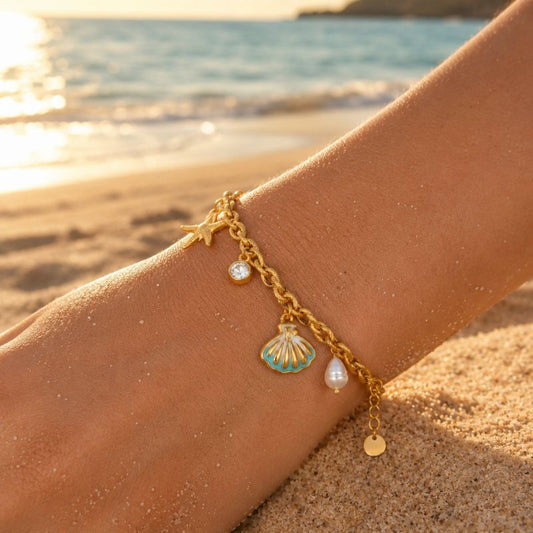 Bracelet Coquillage Femme Émail Turquoise Perle Blanche - Acier Inoxydable