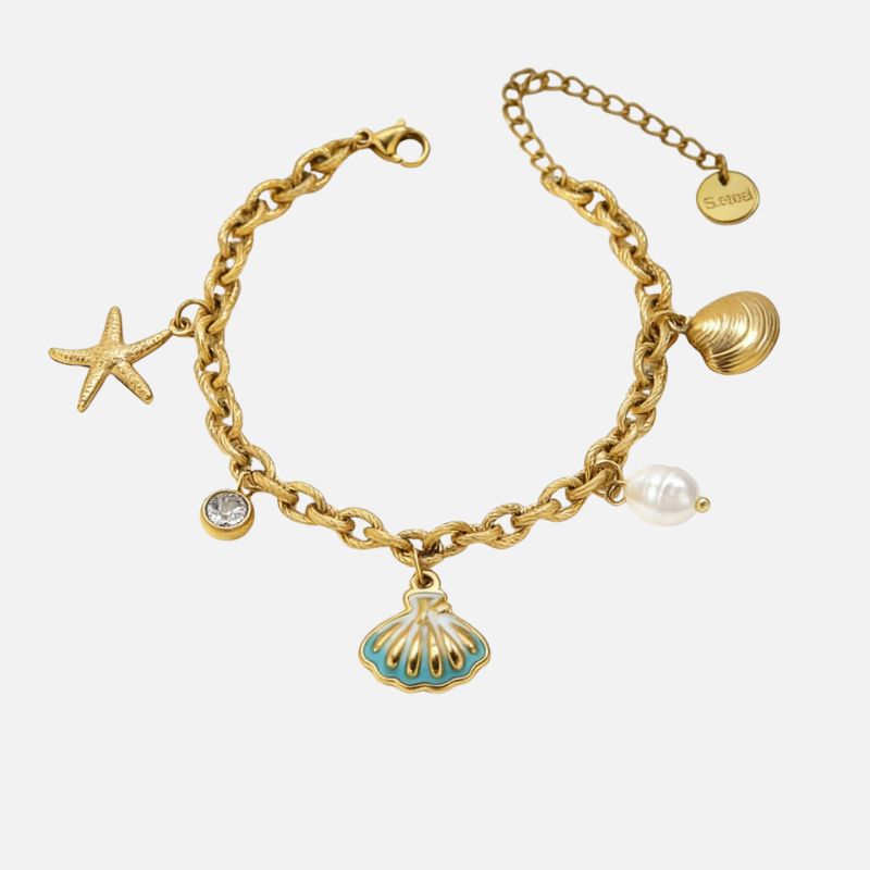 Bracelet Coquillage Femme Émail Turquoise Perle Blanche - Acier Inoxydable