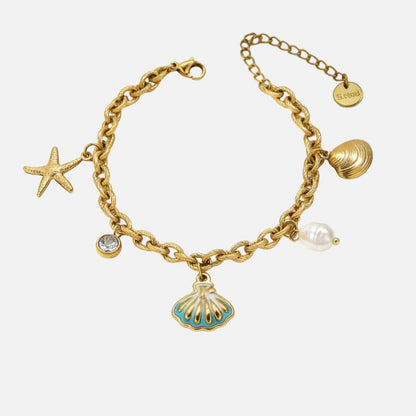 Bracelet Coquillage Femme Émail Turquoise Perle Blanche - Acier Inoxydable