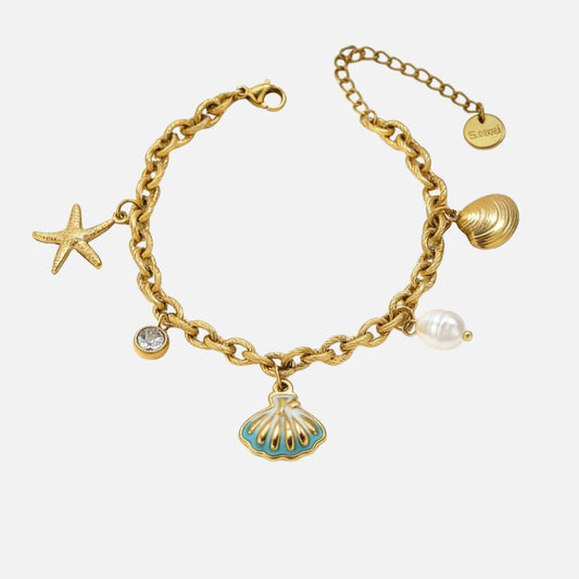 Bracelet Coquillage Femme Émail Turquoise Perle Blanche - Acier Inoxydable