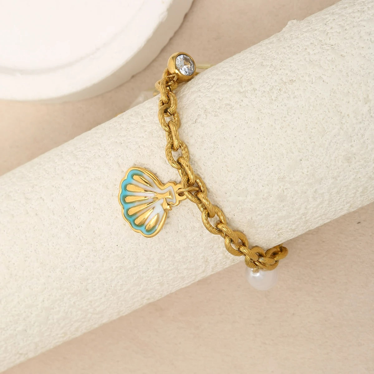 Bracelet Coquillage Femme Émail Turquoise Perle Blanche - Acier Inoxydable