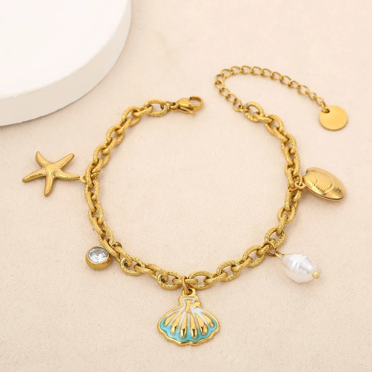 Bracelet Coquillage Femme Émail Turquoise Perle Blanche - Acier Inoxydable