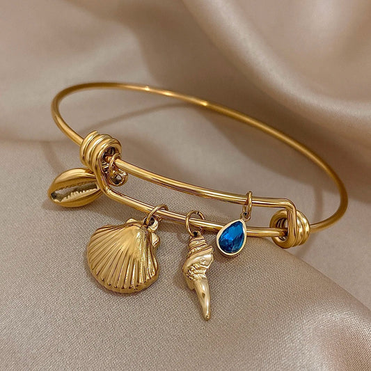 Bracelet Coquillage Femme Rigide Réglable Goutte Bleue - Acier Inoxydable