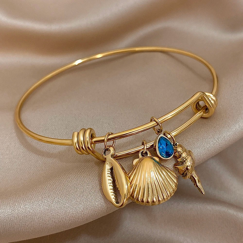 Bracelet Coquillage Femme Rigide Réglable Goutte Bleue - Acier Inoxydable