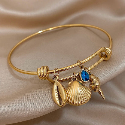 Bracelet Coquillage Femme Rigide Réglable Goutte Bleue - Acier Inoxydable