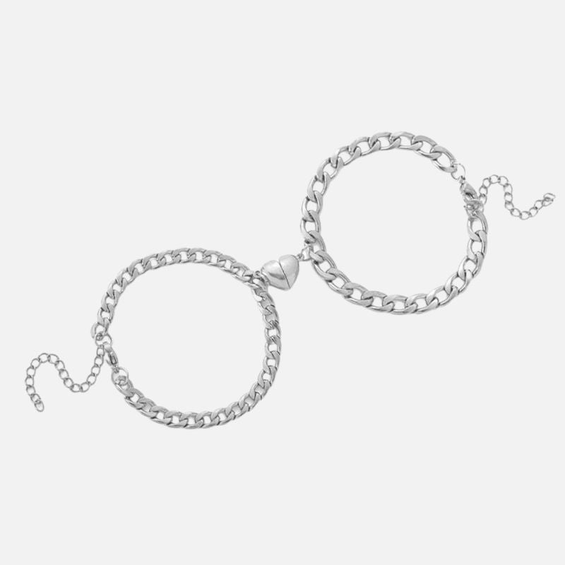 Bracelet Couple Chaîne Argentée Cœur Magnétique