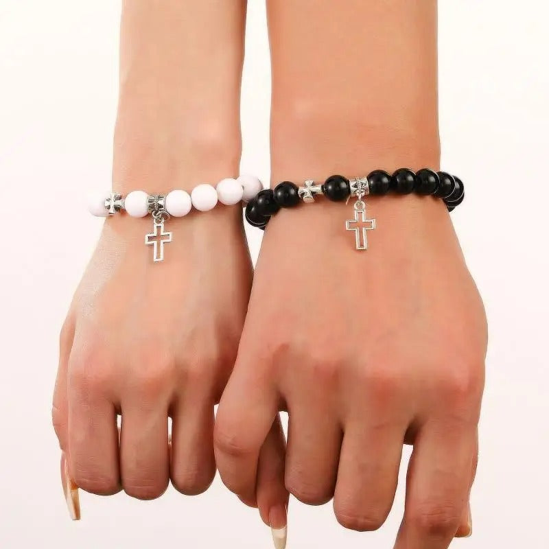 Bracelet Couple Croix Harmonie Noire Et Blanche